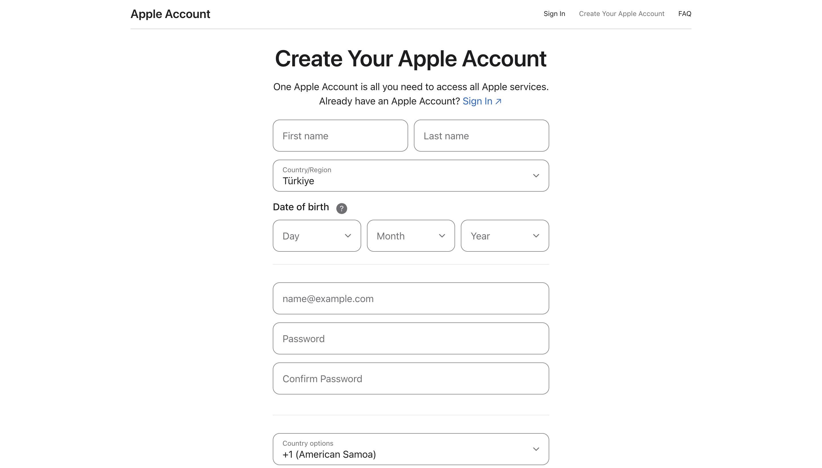 The Create Apple Account form, with country/region set to Türkiye