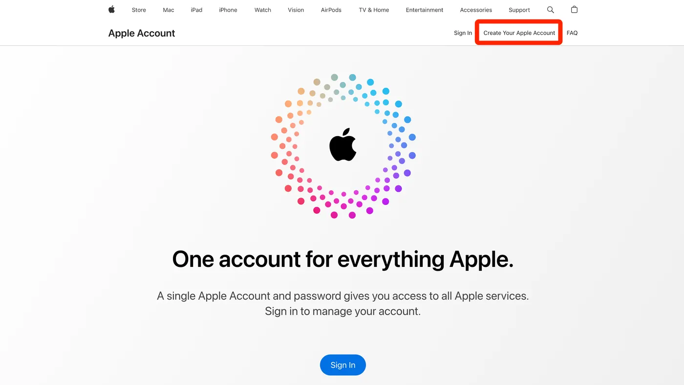 account.apple.com landing page with the Create Your Apple Account button