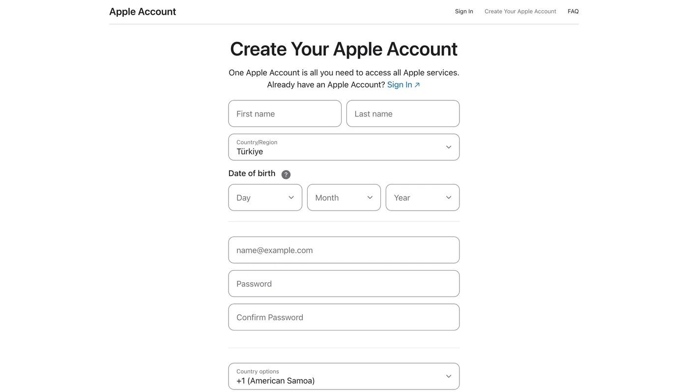The Create Apple Account form, with country/region set to Türkiye